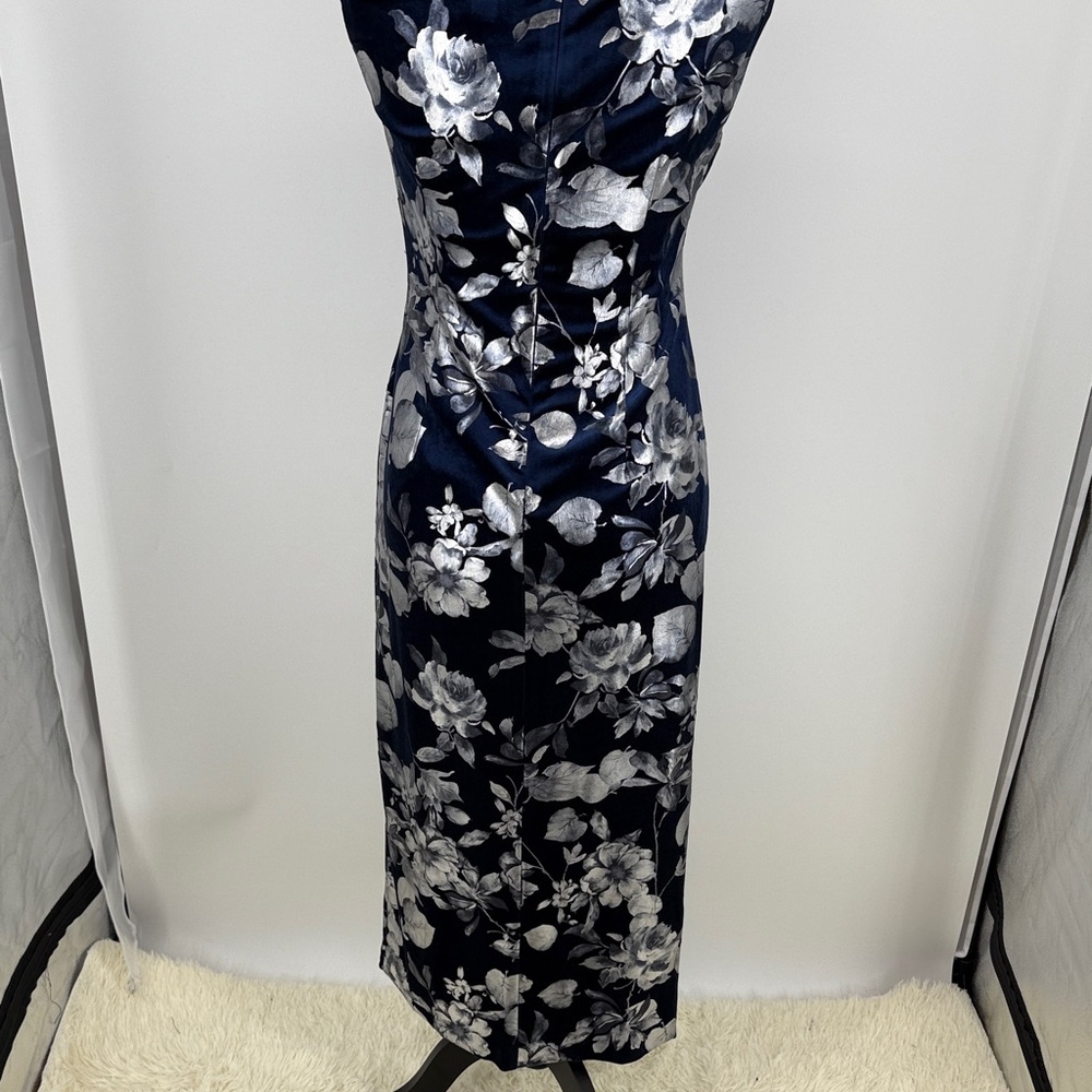 Adrianna Papell asymmetric foil velvet Floral Navy front slit  Dress size 4P - Picture 7 of 10